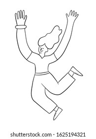 Cheerful positive girl jumping in the air with raised hands. Trendy woman. Vector illustration in doodle style on white background. Isolated