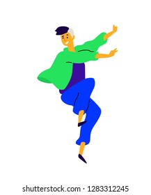 Cheerful positive guy. Vector. Illustration of a dancing young man. Character for the dance studio. Flat style. Company logo. Movement is life. Positive happy person.