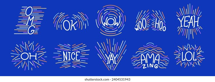 Cheerful, positive, joyful and festive cheers, slogans and words. Children's naive letterings and multi-colored bright speed lines rays.
 Collection of fun cartoons label and stickers. Vector design