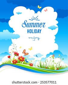 Fröhlicher positiver Sommerhintergrund mit grünem Gras und Blumen. Platz für Text.