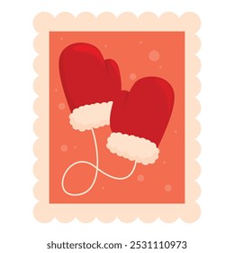 Cheerful postage stamp design showcasing a pair of red mittens, evoking warmth and holiday spirit