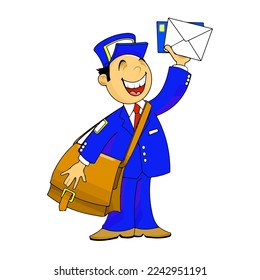 Cheerful postman with a letter and a bag. Vector postman illustration.