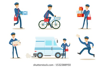 Cheerful Postman or Mailman Delivering Mails and Packages Set Vector Illustration