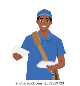 Cheerful postman with parcels and letter. Flat Vector character illustration