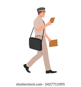 Cheerful postman with parcels and letter walking side view while reading the address on the letter. Flat vector illustration isolated on white background