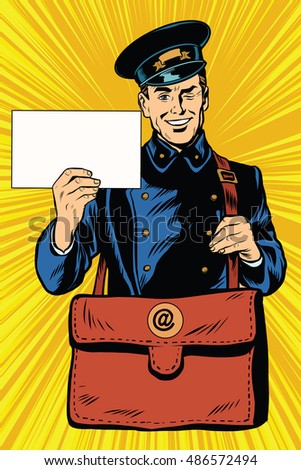 Cheerful postman pop art retro vector. Friendly postman in blue uniform with bag and letters