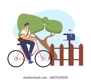 A cheerful postman rides a bicycle past a wooden fence and mailbox, set against a stylized tree and sky background. Concept of mail delivery. Vector illustration