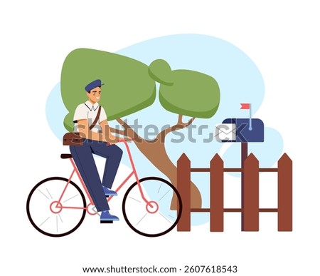 A cheerful postman rides a bicycle past a wooden fence and mailbox, set against a stylized tree and sky background. Concept of mail delivery. Vector illustration