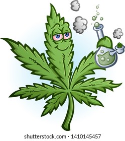 A cheerful pot cartoon character getting high and smoking a glass water bong with a packed bowl