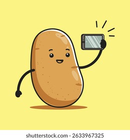 A cheerful potato character with arms and a smiling face takes a selfie with a smartphone.