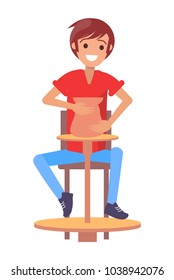 Cheerful pottery master, color vector illustration with man sitting by potter`s wheel and making a earthenware, happy working young man artistic hobby