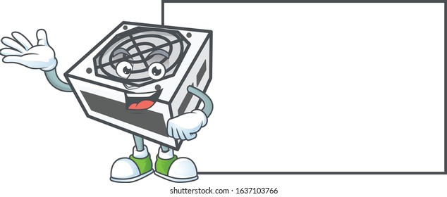 Cheerful power supply unit white color mascot style design with whiteboard