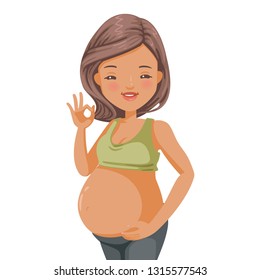 Cheerful pregnant woman standing. Looking and showing okay gesture. Smiling and happy, Healthy concept of mother and fetus. 
Vector illustration isolated on a white background.