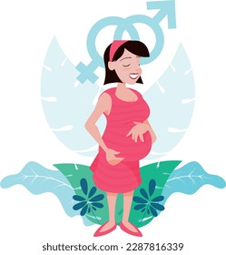 a cheerful pregnant woman touching her belly. Expecting a Boy or a girl.
