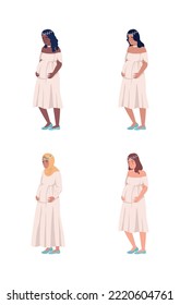 Cheerful pregnant women semi flat color vector characters set. Editable figures. Full body people on white. Simple cartoon style illustrations for web graphic design and animation collection