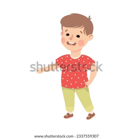 Cheerful preschool boy pointing with his hand or doing welcoming gesture vector illustration