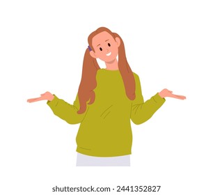 Cheerful preteen girl child cartoon character smiling with arms spreading feeling positive emotion