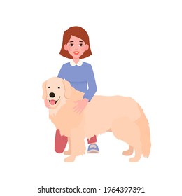 Cheerful pretty young woman hugging her retriever dog. People and pets. Vector illustration isolated on white background
