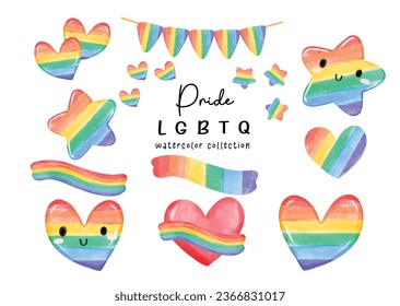 cheerful Pride Month watercolor element, perfect for LGBTQ rainbow decoration. Create a vibrant banner or garland with colorful stars and hearts, embodying love, diversity