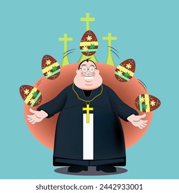 cheerful priest with a cross juggles easter eggs