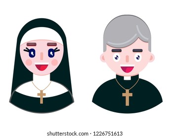 Cheerful priest and happy nun on white background. Vector illustration