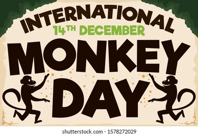 Cheerful primate silhouettes presenting with a magic trick a design in the forest the International Monkey Day this 14th December.