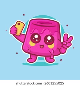 cheerful pudding cake character mascot taking a selfie with a smartphone isolated cartoon 