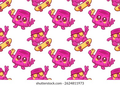 cheerful pudding cake character seamless pattern illustration background