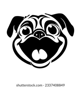 Cheerful pug, black silhouette on a transparent background. Vector drawing of a dog for tattoo, stencil, engraving.




