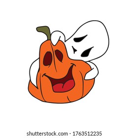 A cheerful pumpkin and a Ghost behind it. A traditional element of Halloween. Vector illustration.