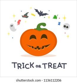 Cheerful pumpkin with Halloween attributes floating around it: bat, skull, ghost, witch's hat, sweets. Trick or Tteat - handwritten inscription.