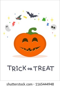 Cheerful pumpkin with Halloween attributes floating around it: bat, skull, ghost, witch's hat, sweets. Trick or Tteat - handwritten inscription.