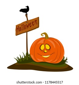 Cheerful pumpkin head at Halloween tablets. Vector drawing