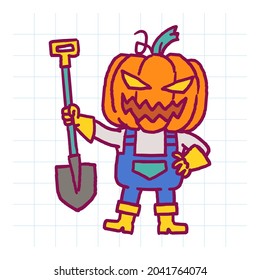 Cheerful pumpkin man holding shovel. Hand drawn character. Vector illustration