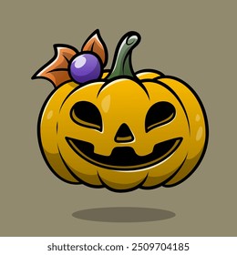 Cheerful pumpkin with a purple and orange leaves, perfect for festive autumn or Halloween-themed designs