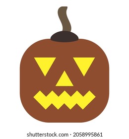 Cheerful pumpkin with sarcastic grin. Original glowing face. Smiling gourd. Squash carved as pumpkin lantern for Halloween decoration. Vector simple flat design. Carved holes for eyes, nose and mouth.