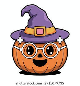 Cheerful pumpkin wearing witch hat and glasses halloween