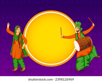 Cheerful Punjabi Couple Doing Bhangra Dance with Dhol Instrument and Empty Circular Frame Given for Your Message.