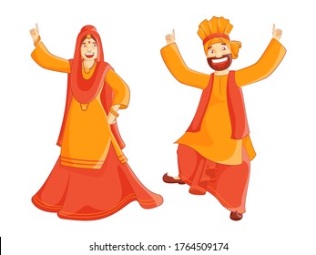 Cheerful Punjabi Couple Performing Bhangra Dance on White Background.