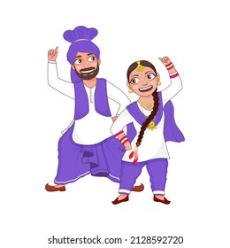 Cheerful Punjabi Couple Performing Bhangra Dance In Traditional Attire.