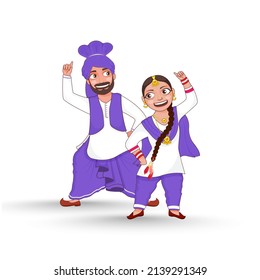 Cheerful Punjabi Couple Performing Bhangra Dance In Traditional Attire.