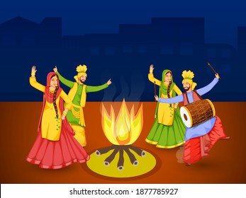 Cheerful Punjabi Couples Performing Bhangra Dance With Dhol Instrument, Bonfire Illustration On Blue And Brown Background.