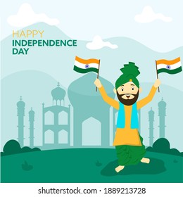 Cheerful Punjabi Man Holding Indian Flags With Silhouette Taj Mahal On Green Background For Happy Independence Day Celebration.