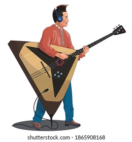 Cheerful punk rock musician in a red shirt, headphones and with a huge electric guitar from the national instrument (balalaika)
