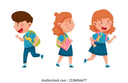 Cheerful pupils in school uniform going to school with backpacks and books cartoon vector illustration