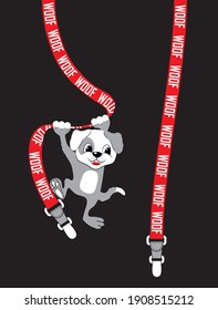 Cheerful puppy hanging on suspenders. Print on a t-shirt for boys.