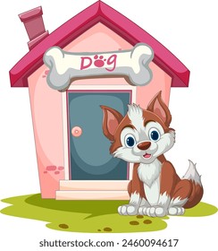 Cheerful puppy sitting by its colorful doghouse