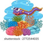 A cheerful purple eel swims above vibrant coral formations in a bright blue underwater scene