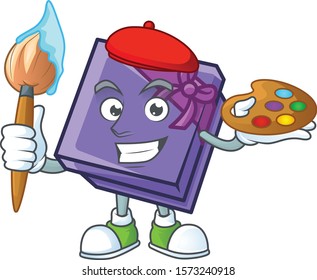 Cheerful purple gift box painter cartoon character with brush