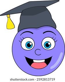 A cheerful purple mascot character with bright blue eyes wears a black graduation cap with a yellow tassel, symbolizing academic achievement and success